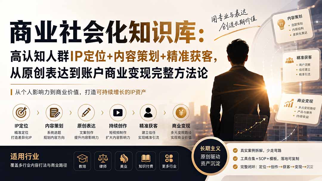 商业社会化知识库：高认知人群IP定位+内容策划+精准获客，从原创表达到账户商业变现完整方法论-副业网