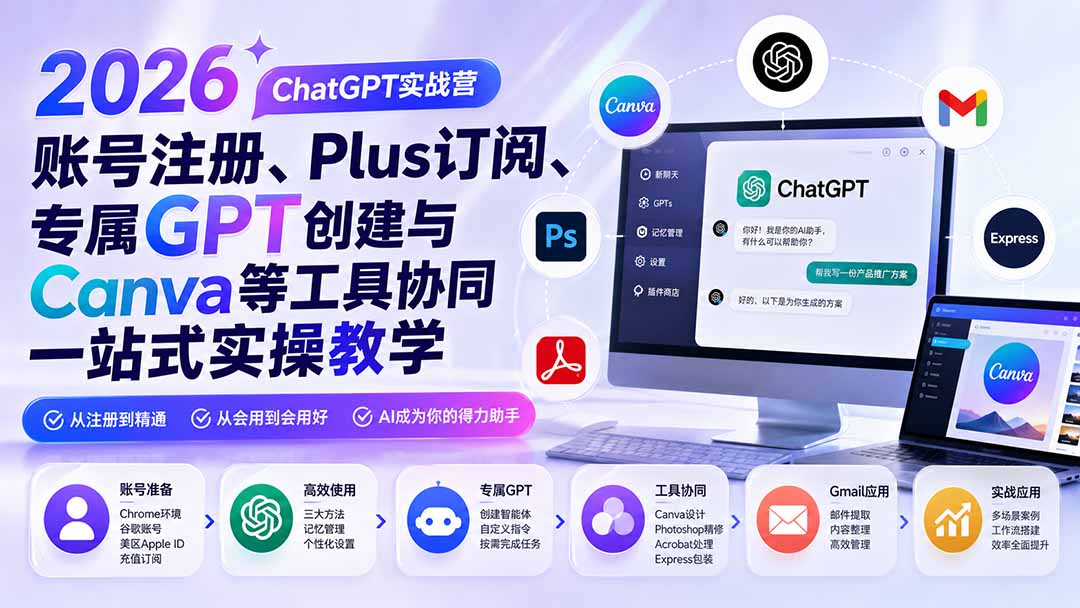 2026 ChatGPT实战营；账号注册、Plus订阅、专属GPT创建与Canva等工具协同一站式实操教学-副业网