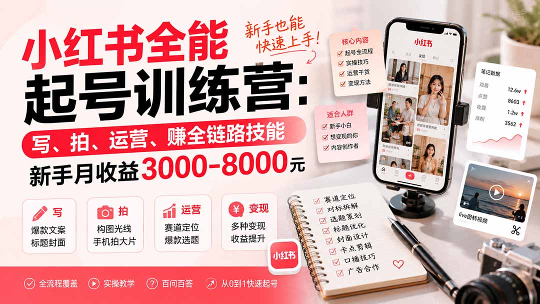 小红书全能起号训练营-更新：写、拍、运营、赚全链路技能，新手月收益3000-8000元-副业网