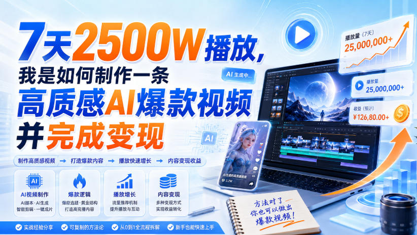 7天2500W播放，我是如何制作一条高质感AI爆款视频并完成变现-副业网