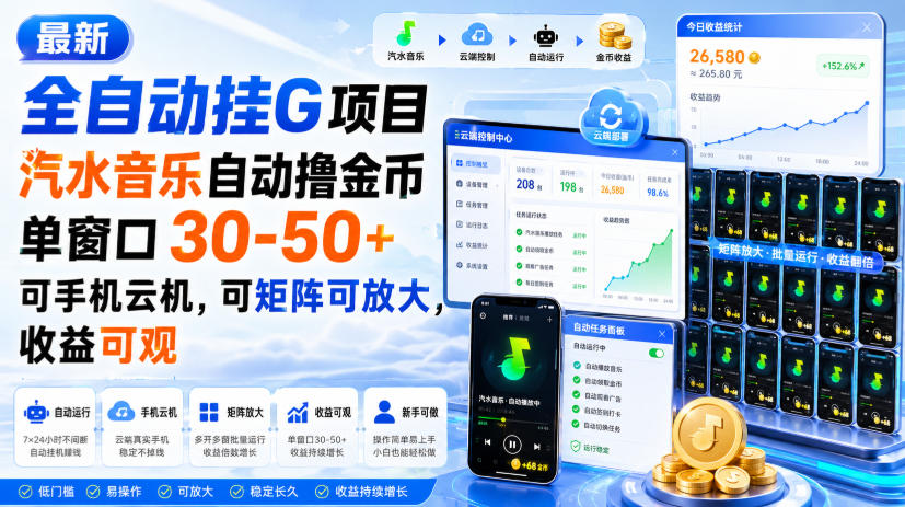 最新全自动挂G项目，汽水音乐自动撸金币单窗口30-50+，可手机云机，可矩阵可放大，收益可观-副业网