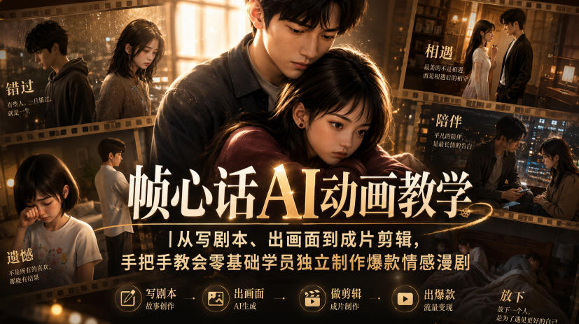 帧心话AI动画教学｜从写剧本、出画面到成片剪辑，手把手教会零基础学员独立制作爆款情感漫剧-副业网