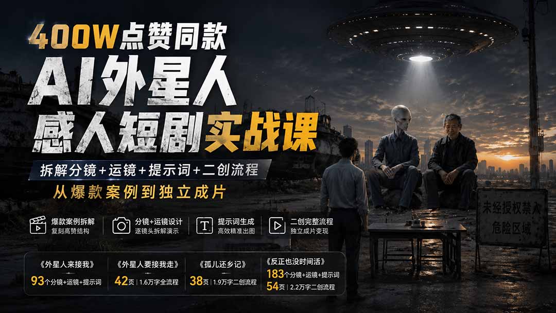 400W点赞同款AI外星人感人短剧实战课：拆解分镜+运镜+提示词+二创流程，从爆款案例到独立成片-副业网
