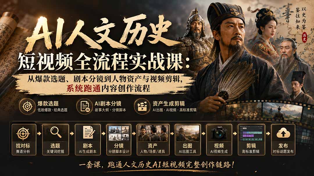 AI人文历史短视频全流程实战课：从爆款选题、剧本分镜到人物资产与视频剪辑，系统跑通内容创作流程-副业网
