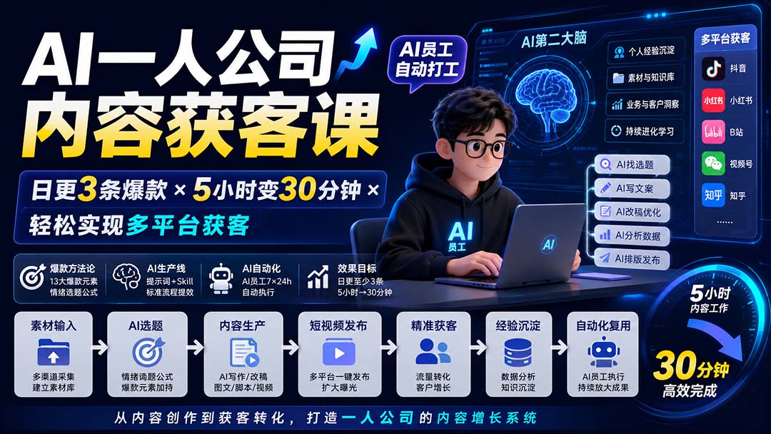 AI一人公司内容获客课-更新8月：日更3条爆款×5小时变30分钟×AI员工自动打工，轻松实现多平台获客-副业网