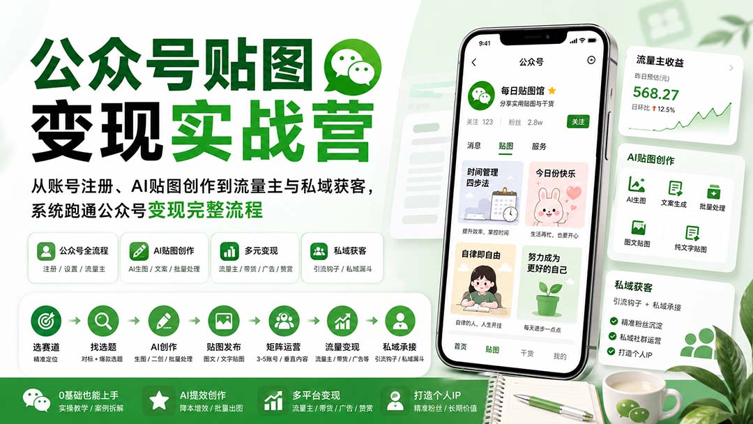 公众号贴图变现实战营：从账号注册、AI贴图创作到流量主与私域获客，系统跑通公众号变现完整流程-副业网
