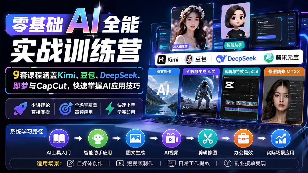 零基础AI全能实战训练营：9套课程涵盖Kimi、豆包、DeepSeek、即梦与CapCut，快速掌握AI应用技巧-副业网