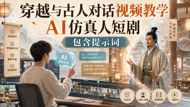 穿越与古人对话视频教学，AI仿真人短剧，包含提示词-副业网