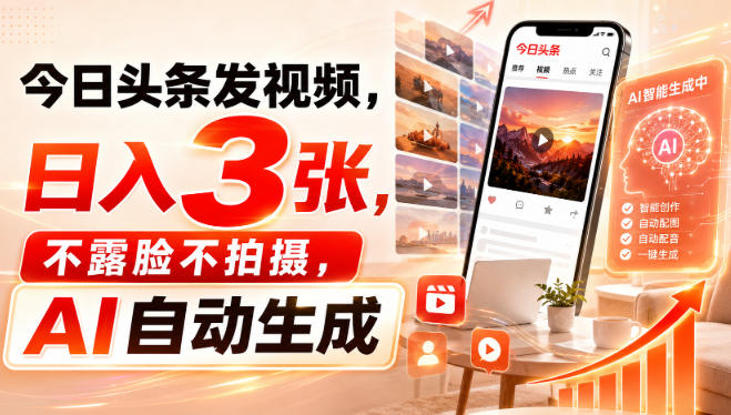 今日头条发视频，日入3张，不露脸不拍摄，AI自动生成-副业网
