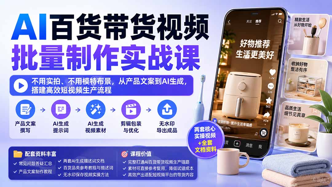 AI百货带货视频批量制作实战课：不用实拍、不用模特布景，从产品文案到AI生成，搭建高效短视频生产流程-副业网