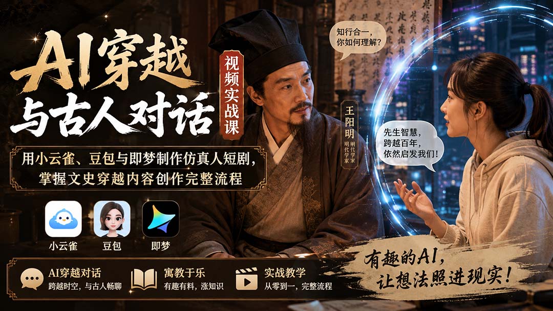 AI穿越与古人对话视频实战课：用小云雀、豆包与即梦制作仿真人短剧，掌握文史穿越内容创作完整流程-副业网