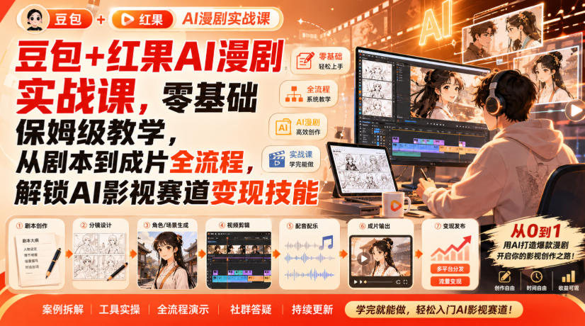 豆包+红果AI漫剧实战课，零基础保姆级教学，从剧本到成片全流程，解锁AI影视赛道变现技能-副业网