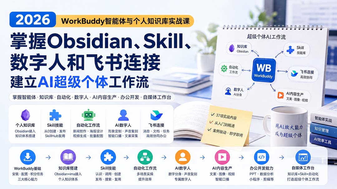 2026 WorkBuddy智能体与个人知识库实战课：掌握Obsidian、Skill、数字人和飞书连接，建立AI超级个体工作流-副业网