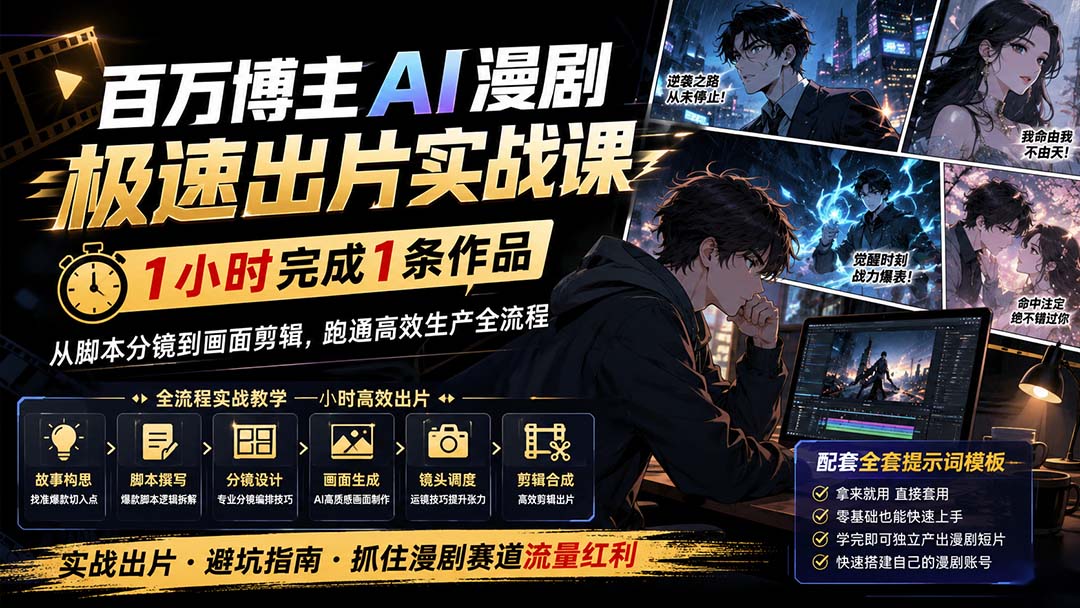 百万博主AI漫剧极速出片实战课：1小时产出条作品，从脚本分镜到画面剪辑，跑通高效生产全流程-副业网