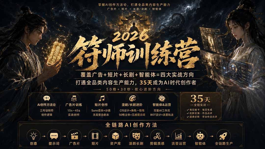 符师训练营-35天成为AI时代创作者，广告+短片+漫剧+智能体四大实战方向，掌握从创意到上线的完整工作流-副业网