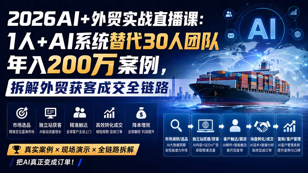2026AI+外贸实战直播课：1人+AI系统替代30人团队年入200万案例，拆解外贸获客成交全链路-副业网
