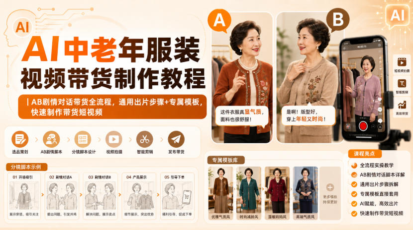 AI中老年服装视频带货制作教程｜AB剧情对话带货全流程，通用出片步骤+专属模板，快速制作带货短视频-副业网