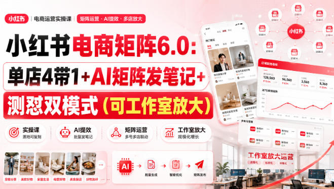 小红书电商矩阵6.0：单店4带1+AI矩阵发笔记+测怼双模式(可工作室放大)-副业网