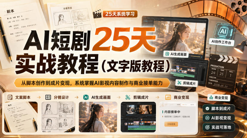 AI短剧25天实战教程(文字版教程)，从脚本创作到成片变现，系统掌握AI影视内容制作与商业接单能力-副业网