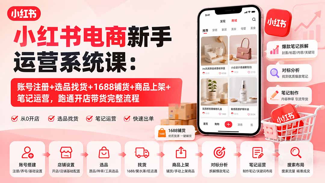 小红书电商新手运营系统课：账号注册+选品找货+1688铺货+商品上架+笔记运营，跑通开店带货完整流程-副业网