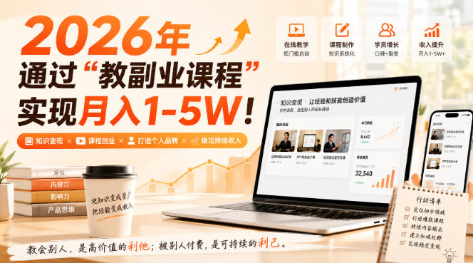 2026年通过“教副业课程”实现月入1-5W！毫无保留的全部教给你，长期稳定【揭秘】-副业网
