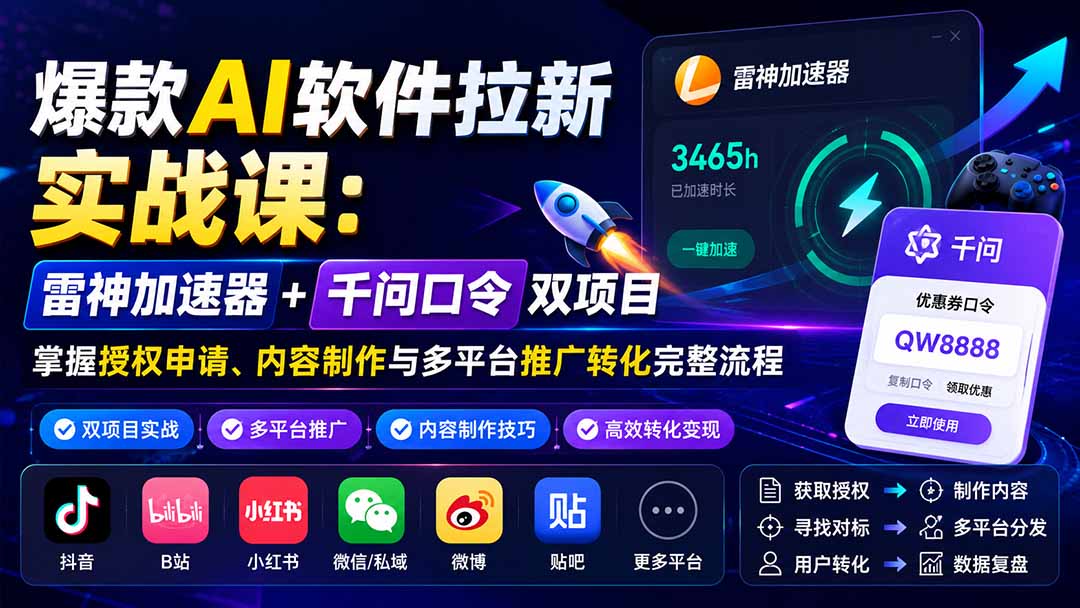 爆款AI软件拉新实战课：雷神加速器+千问口令双项目，掌握授权申请、内容制作与多平台推广转化完整流程-副业网