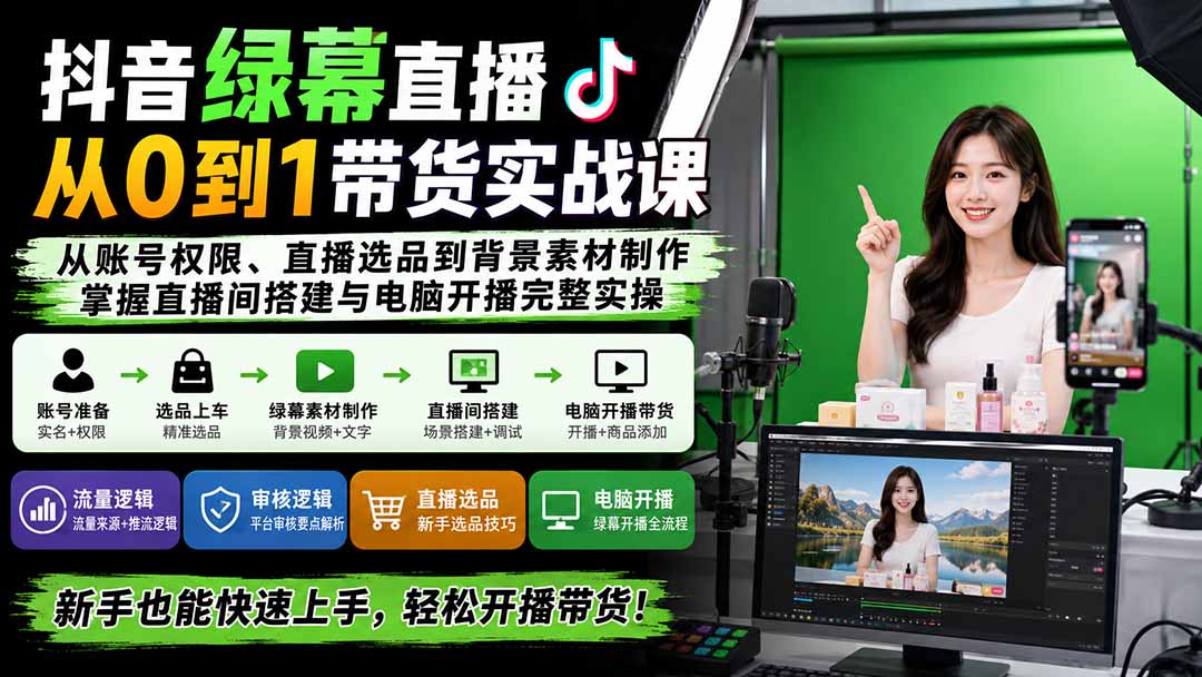 抖音绿幕直播从0到1带货实战课：从账号权限、直播选品到背景素材制作，掌握直播间搭建与电脑开播完整实操-副业网