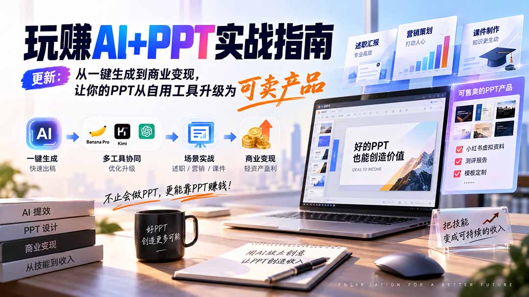 玩赚AI+PPT实战指南-更新5月13：从一键生成到商业变现，让你的PPT从自用工具升级为可卖产品-副业网