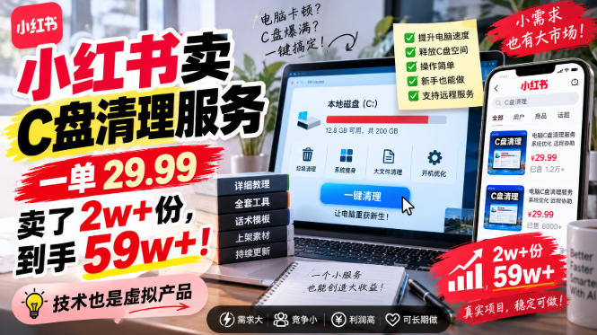 小红书卖C盘清理服务，一单29.99，卖了2w+份，技术也是虚拟产品-副业网