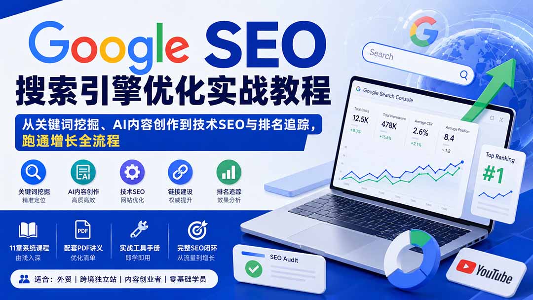 Google SEO搜索引擎优化实战教程：从关键词挖掘、AI内容创作到技术SEO与排名追踪，跑通增长全流程-副业网