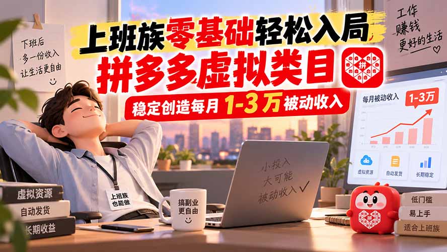 上班族零基础轻松入局，拼多多虚拟类目，稳定创造每月 1-3 万被动收入-副业网