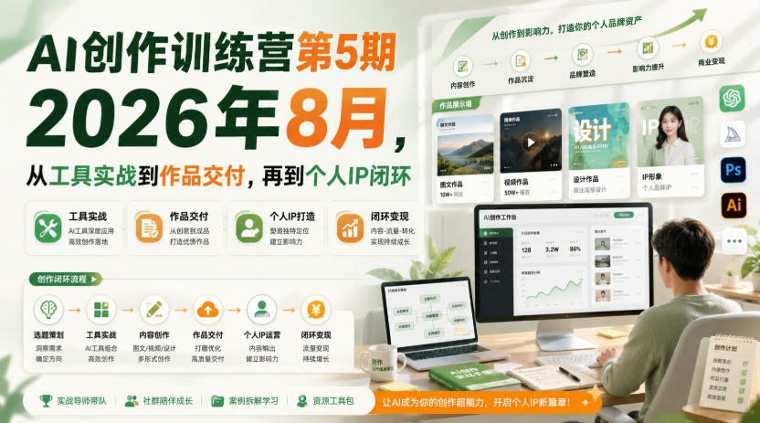 AI创作训练营第5期2026年8月，从工具实战到作品交付，再到个人IP闭环(更新0904)-副业网