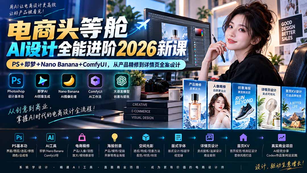 电商头等舱AI设计全能进阶2026新课：PS+即梦+Nano Banana+ComfyUI，从产品精修到详情页全案设计-副业网