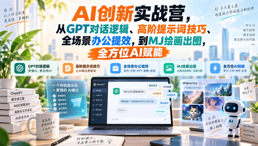 AI创新实战营，从GPT对话逻辑、高阶提示词技巧、全场景办公提效，到MJ绘画出图，全方位AI赋能-副业网