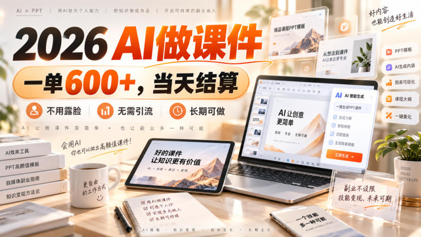 2026 AI做课件，一单600+，当天结算，不用露脸，无需引流，长期可做【揭秘】-副业网