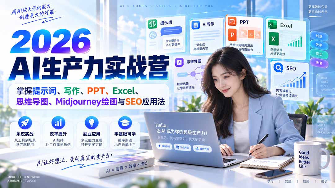 2026AI生产力实战营：掌握提示词、写作、PPT、Excel、思维导图、Midjourney绘画与SEO应用法-副业网