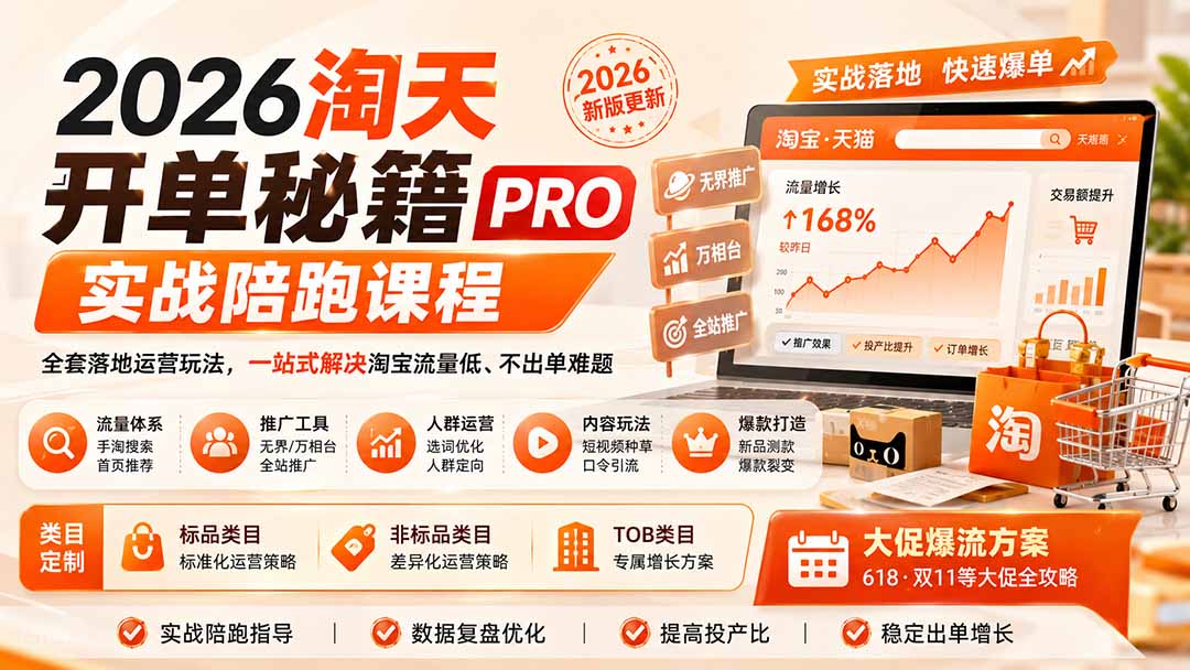 2026淘天开单秘籍PRO实战陪跑课程：全套落地运营玩法，一站式解决淘宝流量低、不出单难题(更新260906-副业网