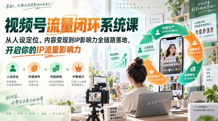 视频号流量闭环系统课，从人设定位、内容变现到IP影响力全链路落地，开启你的IP流量影响力-副业网