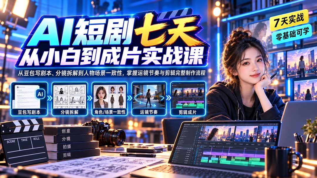 AI短剧七天从小白到成片实战课：从豆包写剧本、分镜拆解到人物场景一致性，掌握运镜节奏与剪辑完整制作流程-副业网