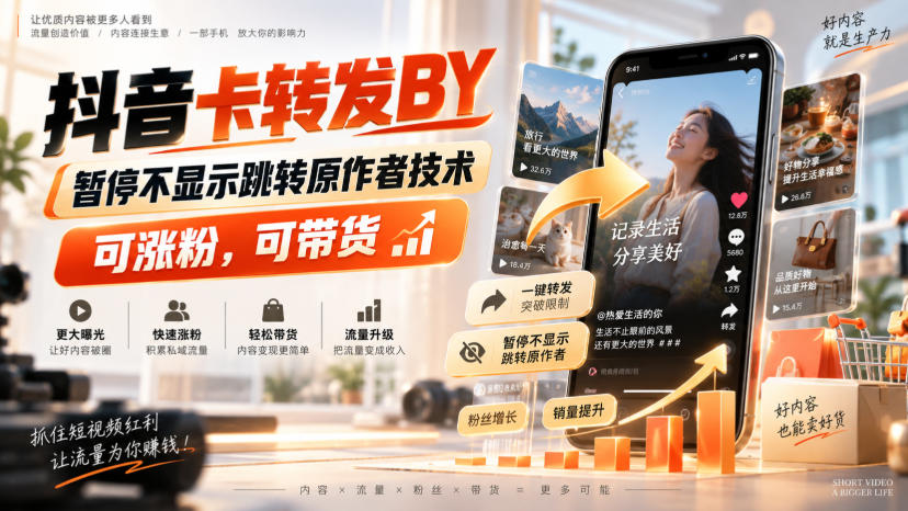 抖音卡转发搬运，暂停不显示跳转原作者技术，可涨粉，可带货-副业网