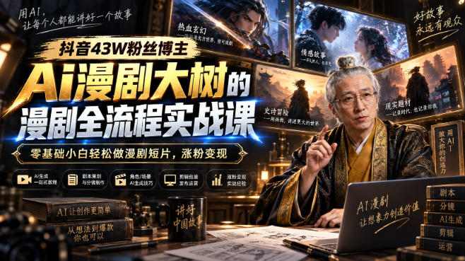 抖音43W粉丝博主Ai漫剧大树的漫剧制作全流程实战课，零基础小白轻松做漫剧短片，涨粉变现-副业网