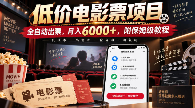 低价电影票项目，全自动出票，月入6000+，附保姆级教程【揭秘】-副业网