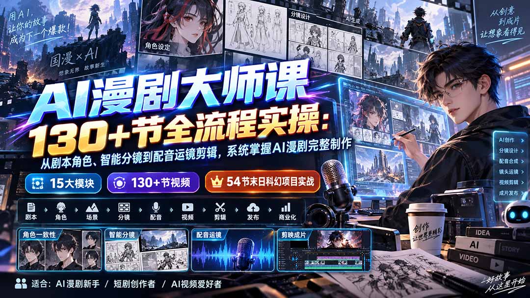 AI漫剧大师课130+节全流程实操：从剧本角色、智能分镜到配音运镜剪辑，系统掌握AI漫剧完整制作-副业网
