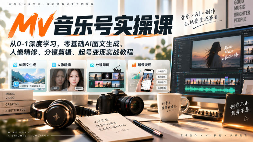 AI MV音乐号实操课，从0-1深度学习，零基础AI图文生成、人像精修、分镜剪辑、起号变现实战教程-副业网