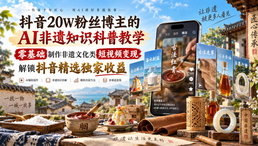 抖音20W粉丝博主的AI非遗知识科普教学，零基础制作非遗文化类短视频变现，解锁抖音精选独家收益-副业网