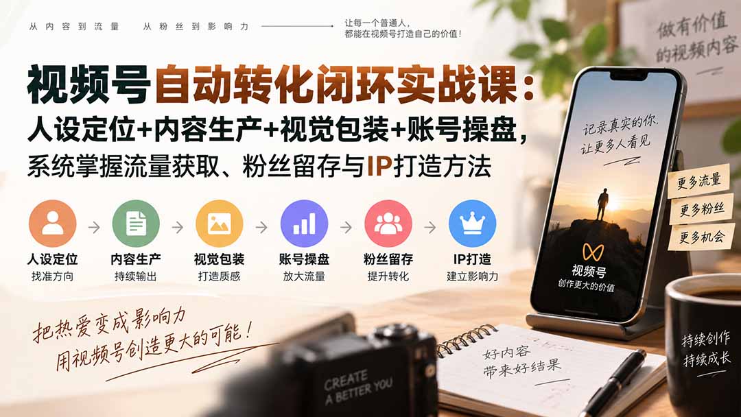 视频号自动转化闭环实战课：人设定位+内容生产+视觉包装+账号操盘，系统掌握流量获取、粉丝留存与IP打造方法-副业网