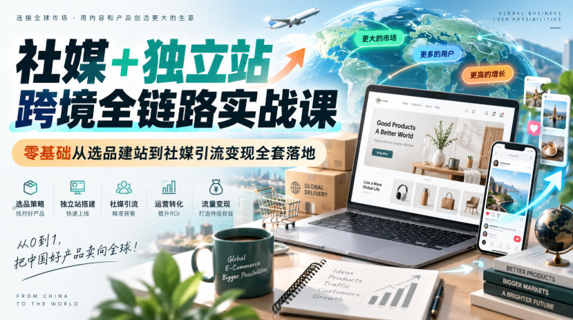社媒+独立站跨境全链路实战课｜零基础从选品建站到社媒引流变现全套落地-副业网
