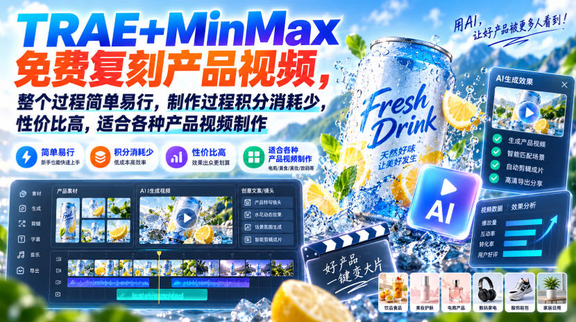 TRAE+MinMax免费复刻产品视频，整个过程简单易行，制作过程积分消耗少，性价比高，适合各种产品视频制作-副业网