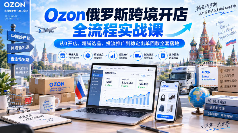 Ozon俄罗斯跨境开店全流程实战课｜从0开店、精铺选品、投流推广到稳定出单回款全套落地-副业网