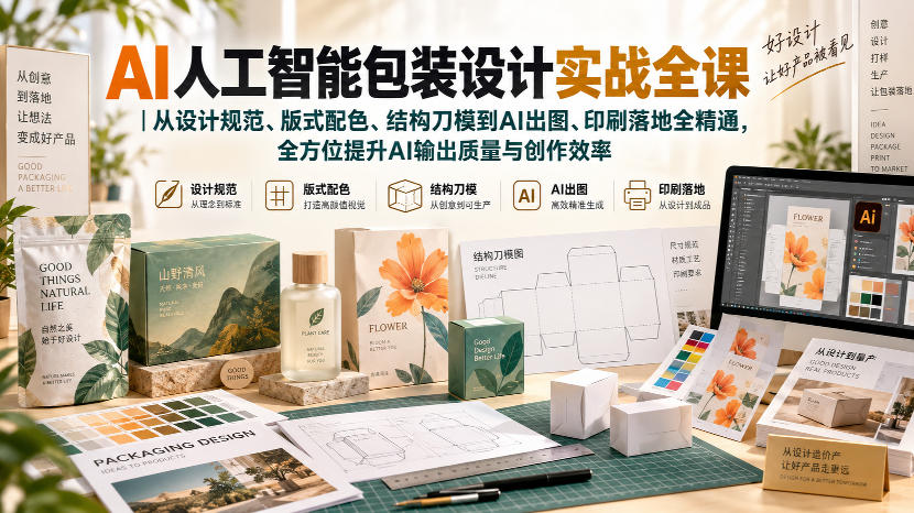 AI人工智能包装设计实战全课｜从设计规范、版式配色、结构刀模到AI出图、印刷落地全精通-副业网